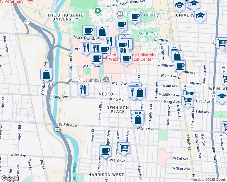 map of restaurants, bars, coffee shops, grocery stores, and more near 1484 Michigan Avenue in Columbus