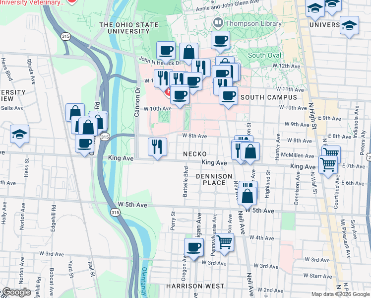 map of restaurants, bars, coffee shops, grocery stores, and more near 1498 Belmont Avenue in Columbus