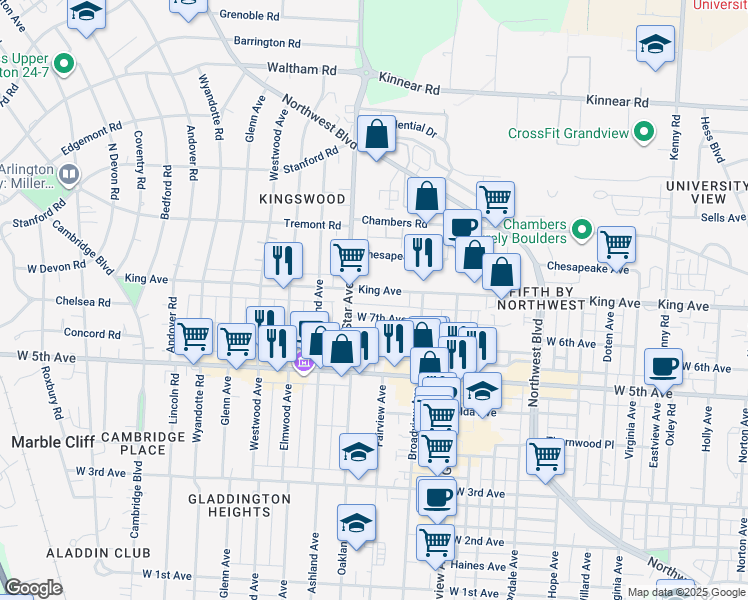 map of restaurants, bars, coffee shops, grocery stores, and more near 1513 King Avenue in Columbus