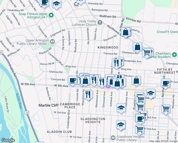 map of restaurants, bars, coffee shops, grocery stores, and more near 1708 Wyandotte Road in Columbus