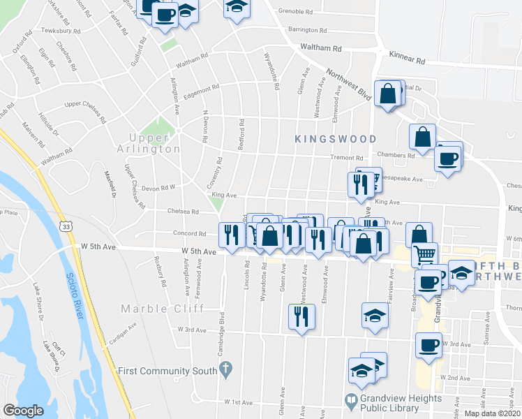 map of restaurants, bars, coffee shops, grocery stores, and more near 1708 Wyandotte Road in Columbus