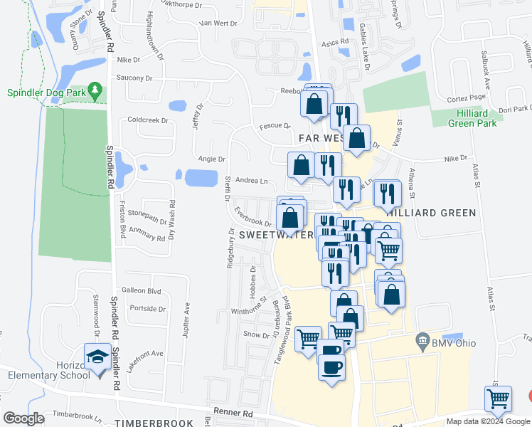 map of restaurants, bars, coffee shops, grocery stores, and more near 1982 Camino Lane in Hilliard