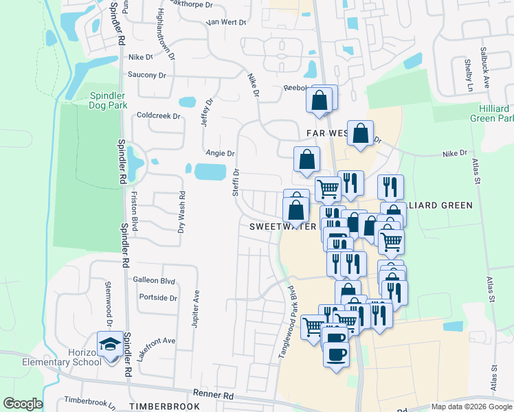 map of restaurants, bars, coffee shops, grocery stores, and more near 2032 Burbridge Lane in Hilliard