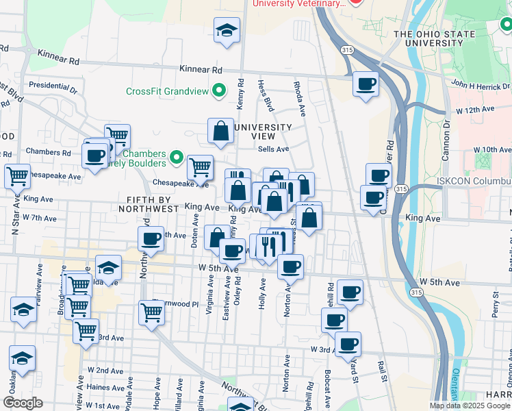 map of restaurants, bars, coffee shops, grocery stores, and more near 1020 King Avenue in Columbus