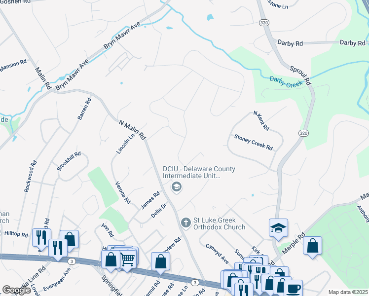 map of restaurants, bars, coffee shops, grocery stores, and more near 97 Cherry Hill Lane in Broomall