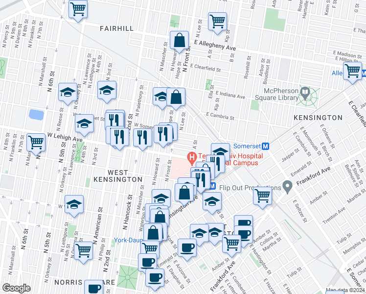 map of restaurants, bars, coffee shops, grocery stores, and more near 23 East Silver Street in Philadelphia