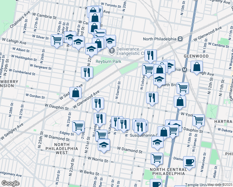map of restaurants, bars, coffee shops, grocery stores, and more near 2442 North Garnet Street in Philadelphia