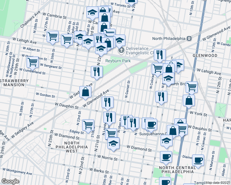 map of restaurants, bars, coffee shops, grocery stores, and more near 2016 West Hagert Street in Philadelphia