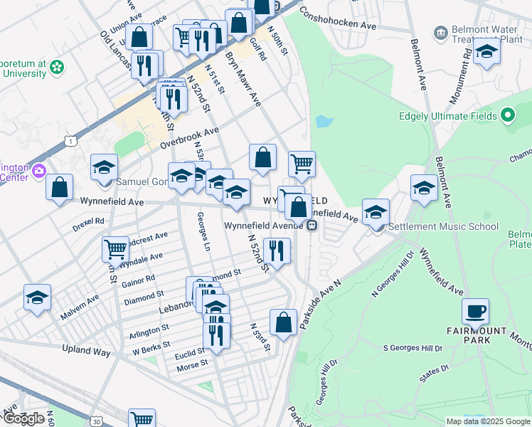map of restaurants, bars, coffee shops, grocery stores, and more near 2246 North 51st Street in Philadelphia
