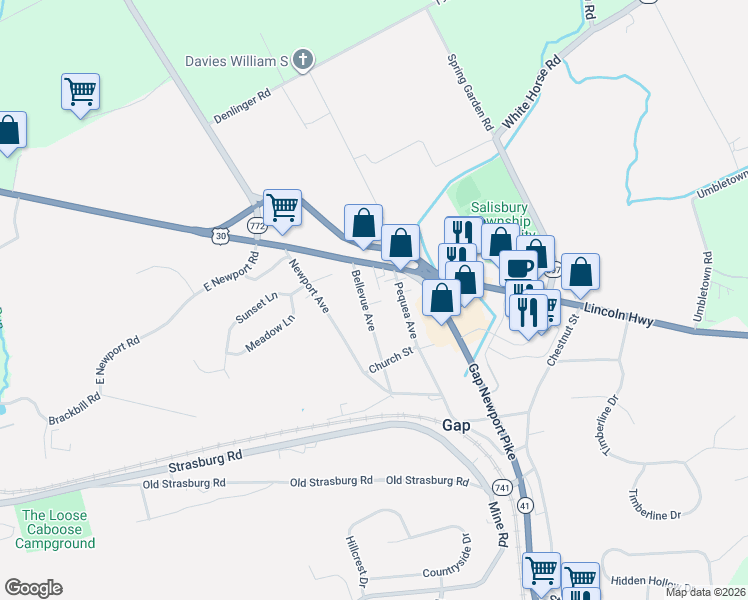 map of restaurants, bars, coffee shops, grocery stores, and more near 755 Bellevue Avenue in Gap