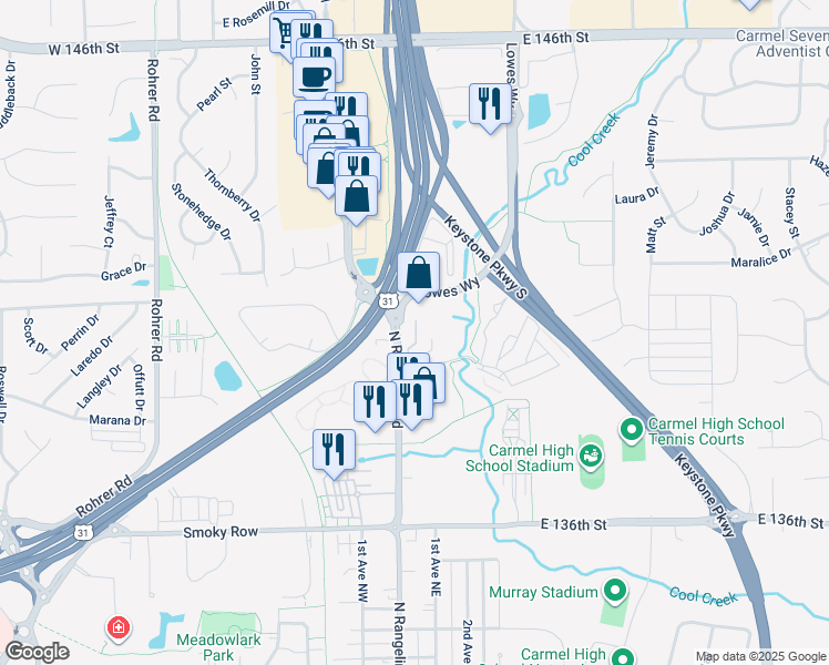 map of restaurants, bars, coffee shops, grocery stores, and more near 1010 Clubhouse Court in Carmel