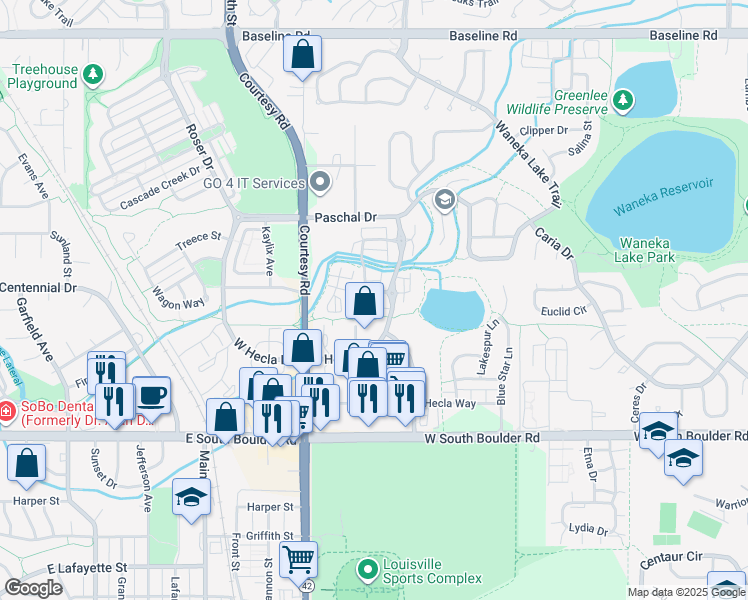 map of restaurants, bars, coffee shops, grocery stores, and more near 2123 Hecla Drive in Louisville