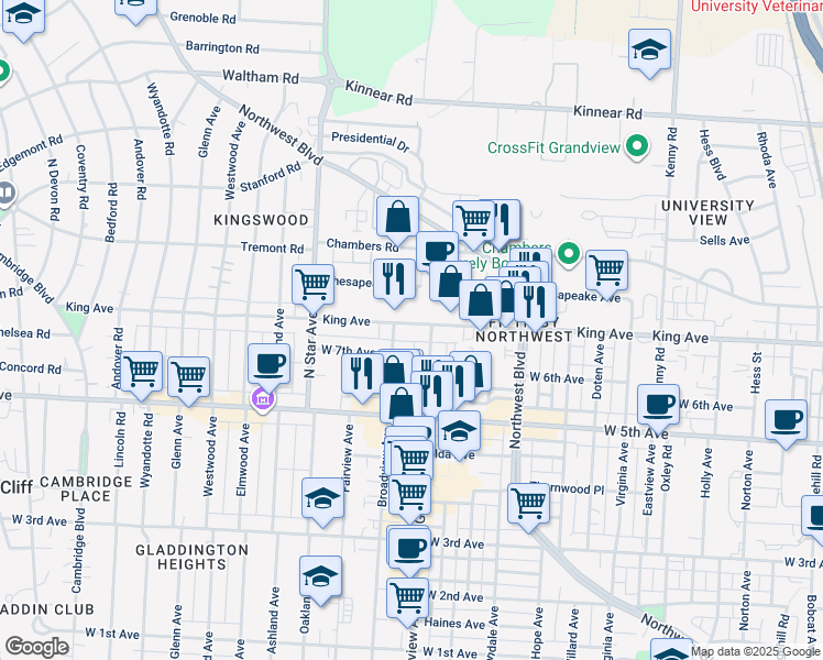 map of restaurants, bars, coffee shops, grocery stores, and more near 1423 King Avenue in Columbus
