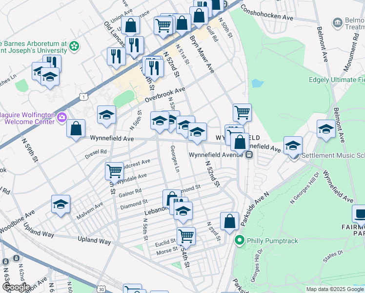 map of restaurants, bars, coffee shops, grocery stores, and more near 5300 Wynnefield Avenue in Philadelphia