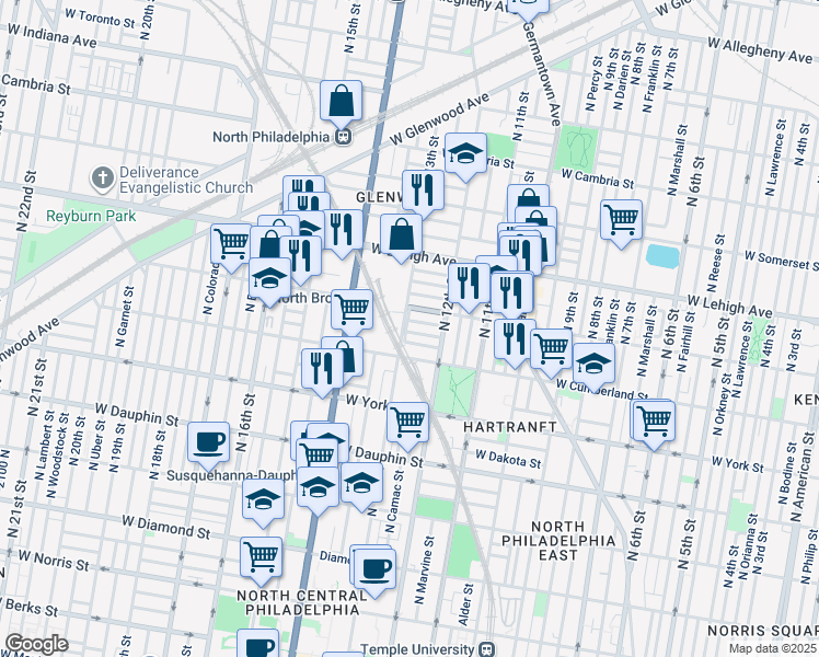 map of restaurants, bars, coffee shops, grocery stores, and more near 1247 West Sergeant Street in Philadelphia