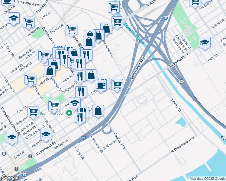 map of restaurants, bars, coffee shops, grocery stores, and more near 2725 E Butler St in Philadelphia