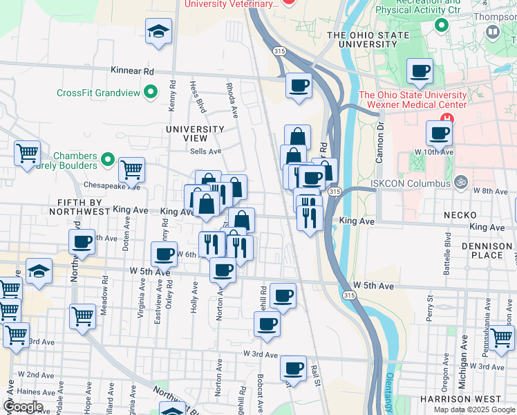 map of restaurants, bars, coffee shops, grocery stores, and more near 850 King Avenue in Columbus