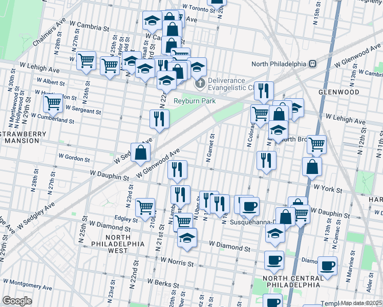 map of restaurants, bars, coffee shops, grocery stores, and more near 2012 West Hagert Street in Philadelphia