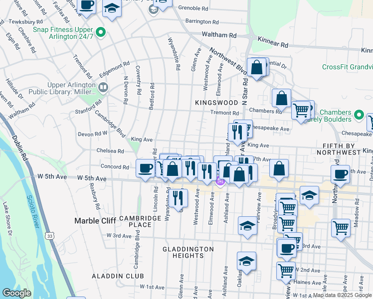 map of restaurants, bars, coffee shops, grocery stores, and more near 1696 Glenn Avenue in Columbus