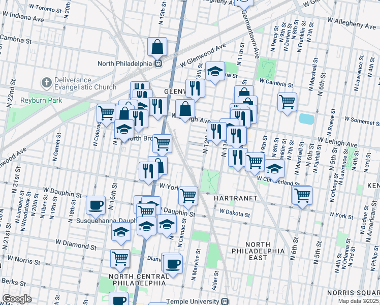 map of restaurants, bars, coffee shops, grocery stores, and more near 1247 West Sergeant Street in Philadelphia