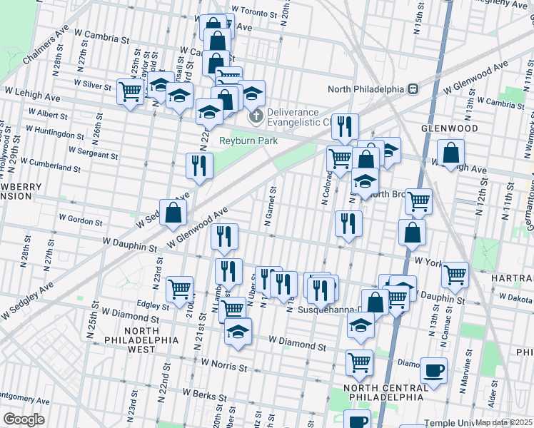 map of restaurants, bars, coffee shops, grocery stores, and more near 2442 North Garnet Street in Philadelphia
