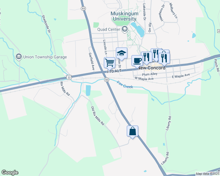 map of restaurants, bars, coffee shops, grocery stores, and more near Ohio 83 Scenic in New Concord