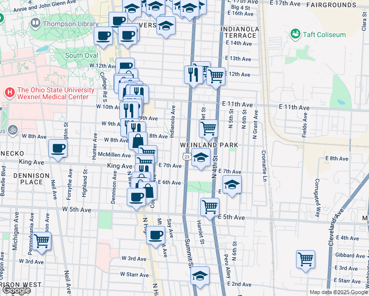 map of restaurants, bars, coffee shops, grocery stores, and more near 1395 Summit Street in Columbus