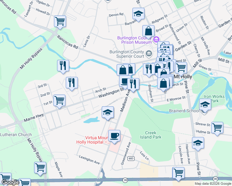 map of restaurants, bars, coffee shops, grocery stores, and more near 140 Washington Street in Mount Holly