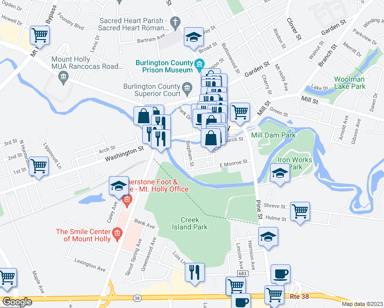map of restaurants, bars, coffee shops, grocery stores, and more near 25 Bispham Street in Mount Holly