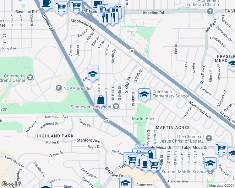 map of restaurants, bars, coffee shops, grocery stores, and more near 115 South 34th Street in Boulder