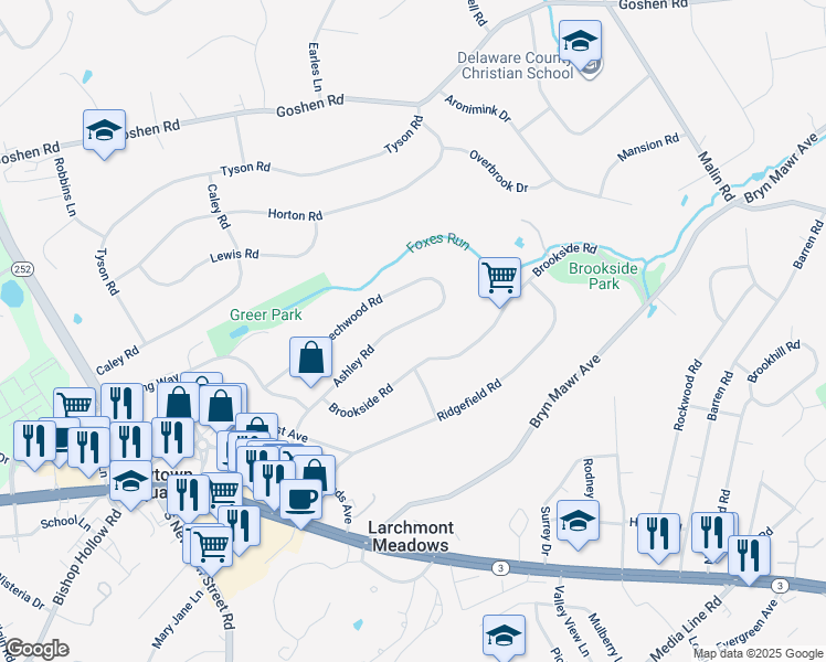 map of restaurants, bars, coffee shops, grocery stores, and more near 141 Ashley Road in Newtown Square
