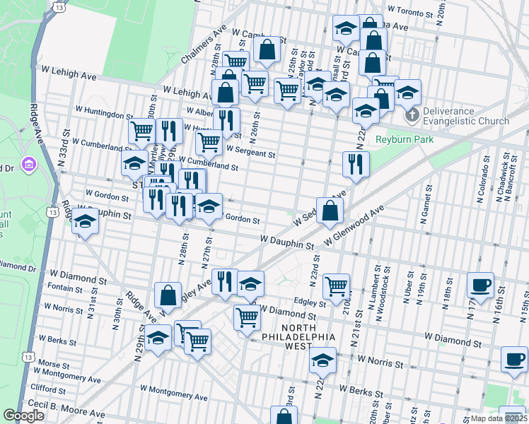 map of restaurants, bars, coffee shops, grocery stores, and more near 2430 North 25th Street in Philadelphia
