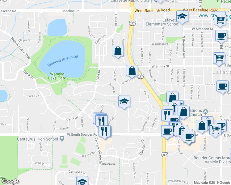 map of restaurants, bars, coffee shops, grocery stores, and more near 810 Sparta Drive in Lafayette