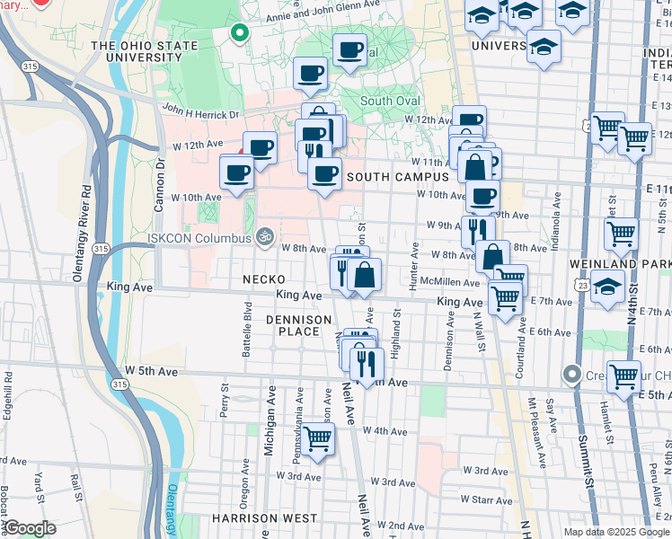 map of restaurants, bars, coffee shops, grocery stores, and more near 1470 Neil Avenue in Columbus