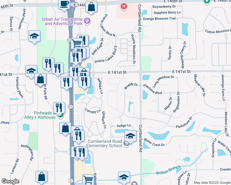 map of restaurants, bars, coffee shops, grocery stores, and more near 13974 Meadow Grass Way in Fishers