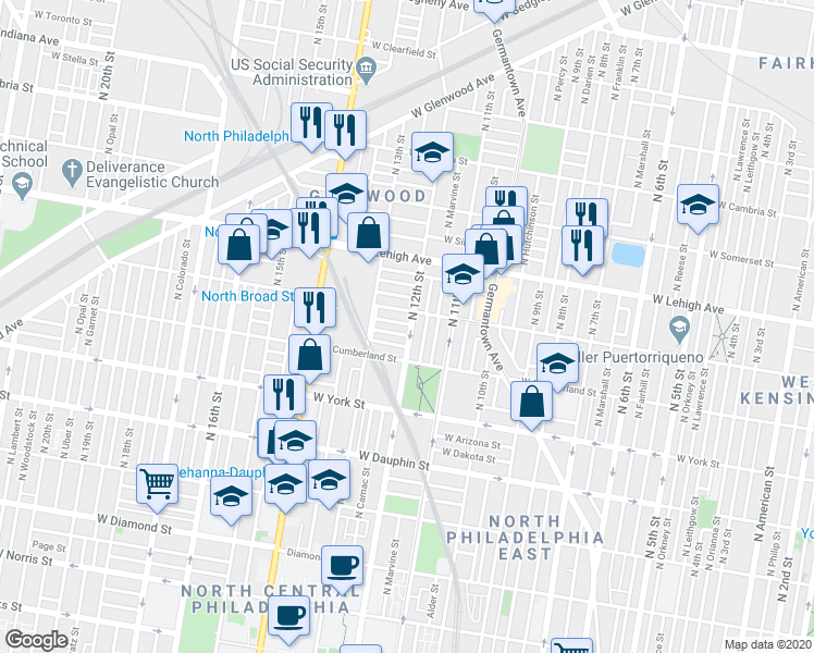 map of restaurants, bars, coffee shops, grocery stores, and more near 2536 North 12th Street in Philadelphia