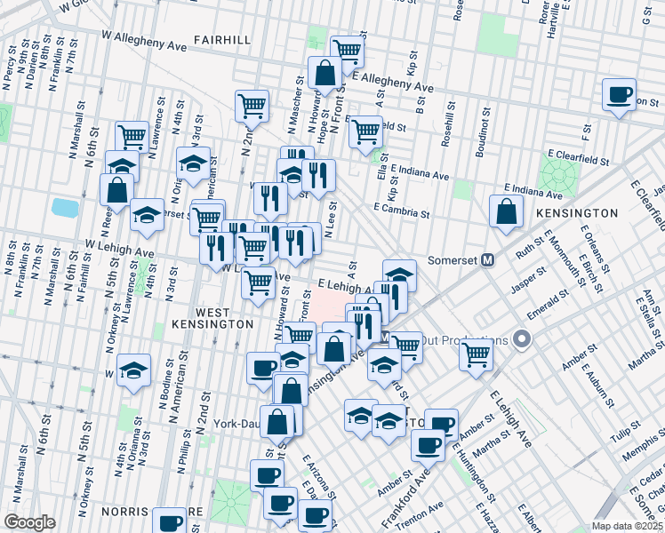 map of restaurants, bars, coffee shops, grocery stores, and more near 23 East Silver Street in Philadelphia