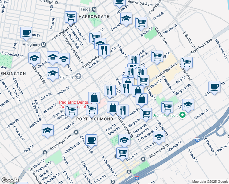map of restaurants, bars, coffee shops, grocery stores, and more near 3357 Tulip Street in Philadelphia
