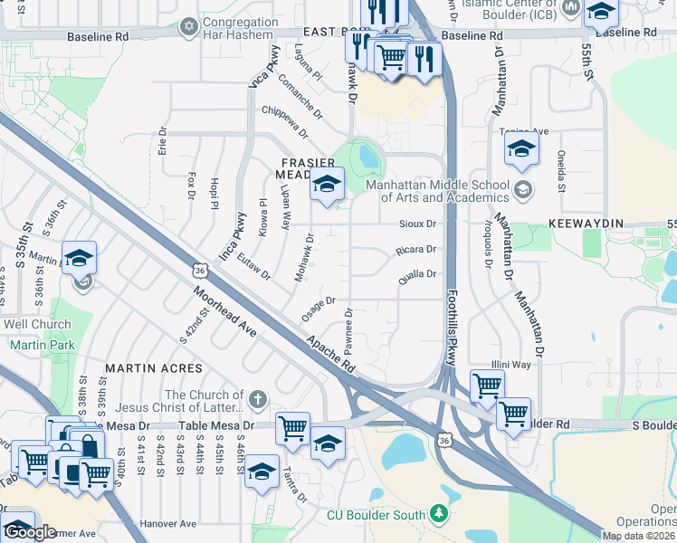 map of restaurants, bars, coffee shops, grocery stores, and more near 211 Pawnee Drive in Boulder