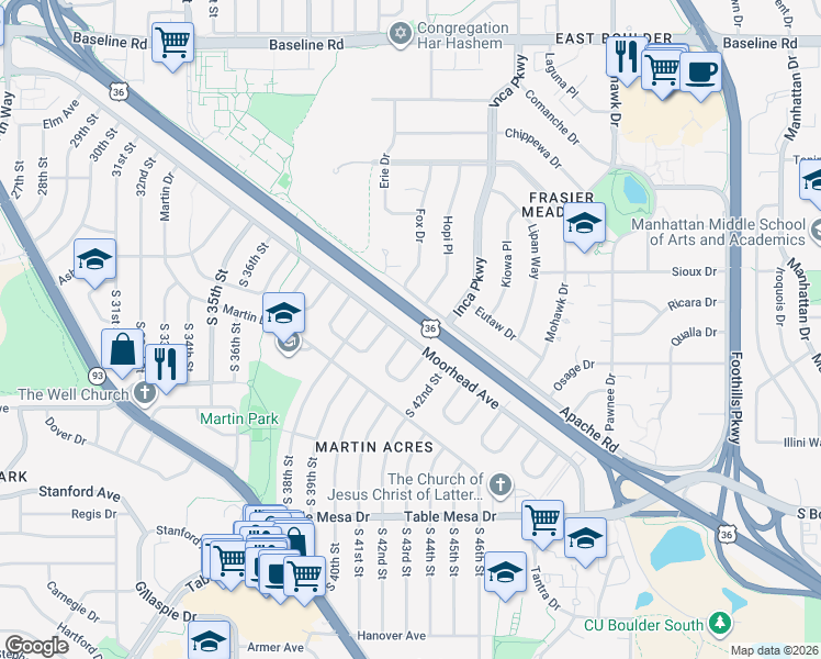 map of restaurants, bars, coffee shops, grocery stores, and more near 3995 Moorhead Avenue in Boulder