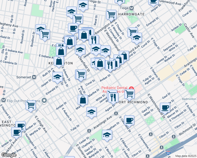map of restaurants, bars, coffee shops, grocery stores, and more near 2063 East Clearfield Street in Philadelphia
