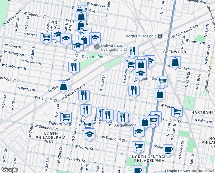 map of restaurants, bars, coffee shops, grocery stores, and more near 2447 North 19th Street in Philadelphia