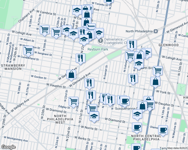 map of restaurants, bars, coffee shops, grocery stores, and more near 2028 West Hagert Street in Philadelphia
