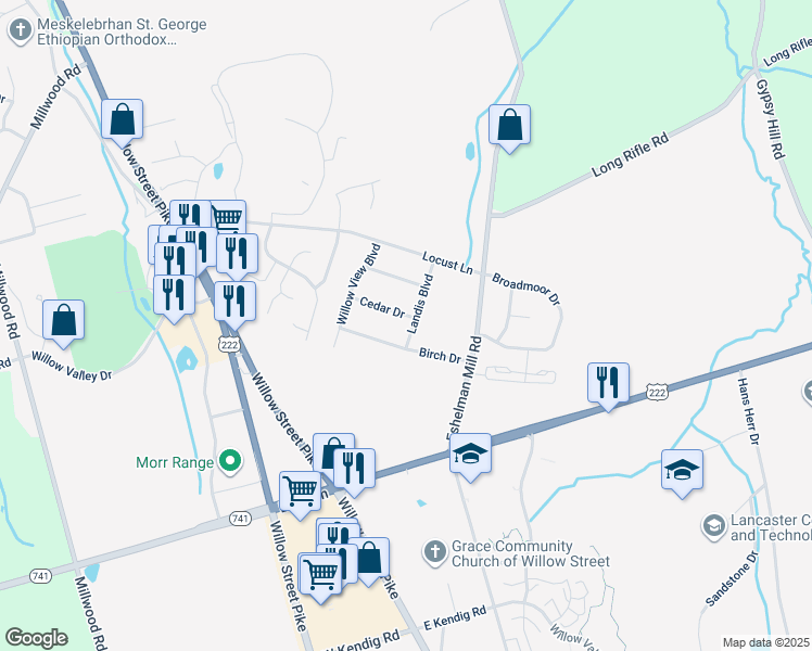 map of restaurants, bars, coffee shops, grocery stores, and more near 29 Cedar Drive in Willow Street