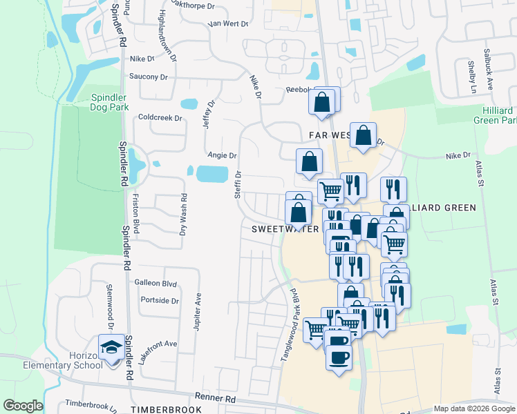 map of restaurants, bars, coffee shops, grocery stores, and more near 2032 Burbridge Lane in Hilliard