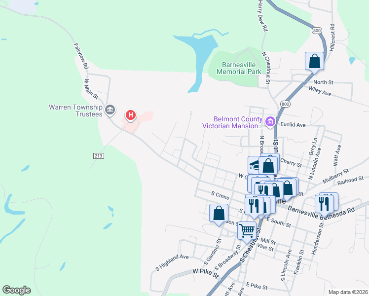 map of restaurants, bars, coffee shops, grocery stores, and more near 205 Washington Street in Barnesville