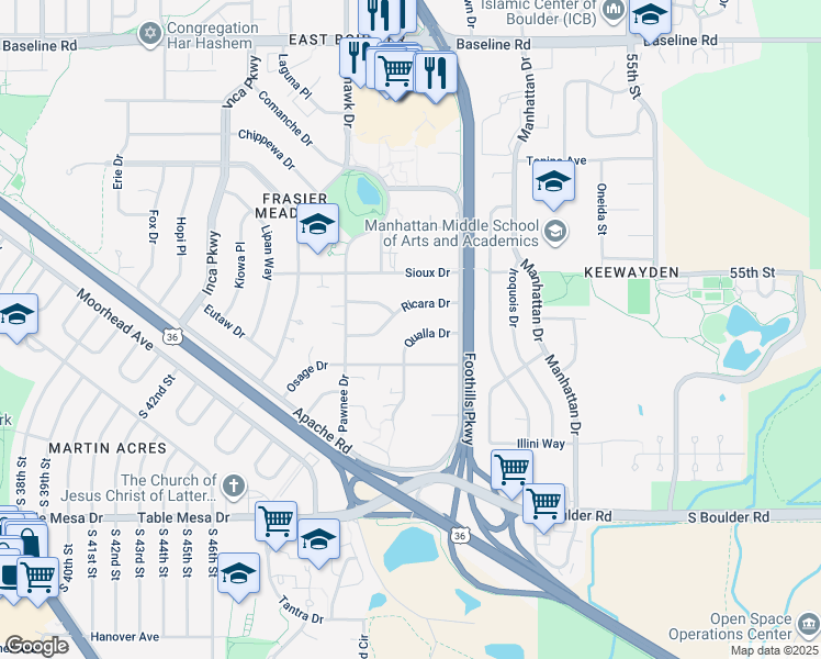 map of restaurants, bars, coffee shops, grocery stores, and more near 4875 Qualla Drive in Boulder