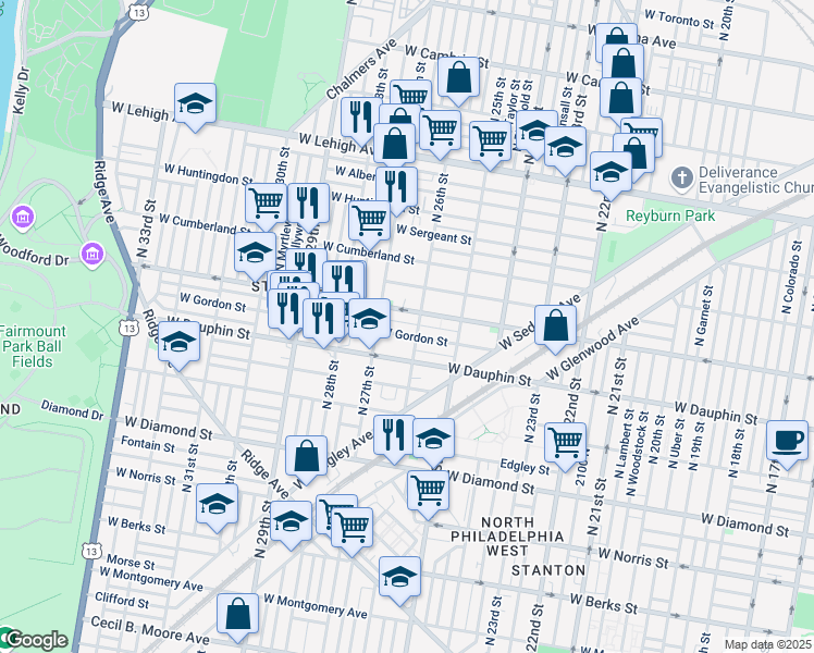 map of restaurants, bars, coffee shops, grocery stores, and more near 2612 West Arizona Street in Philadelphia