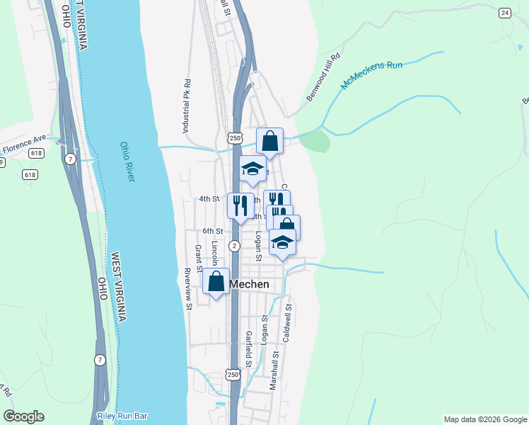 map of restaurants, bars, coffee shops, grocery stores, and more near 35 5th St in McMechen