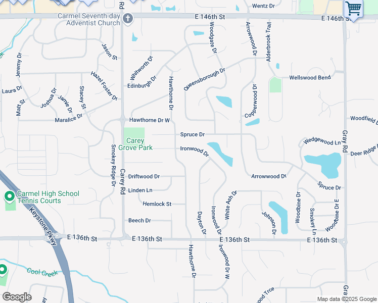 map of restaurants, bars, coffee shops, grocery stores, and more near 1371 Ironwood Drive West in Carmel